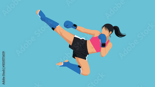 Female martial artist performing high kick in boxing gear on blue background