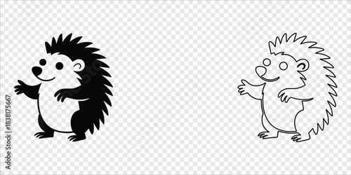 Cartoon Porcupine Silhouette and Outline on Checkered Background, vector illustration