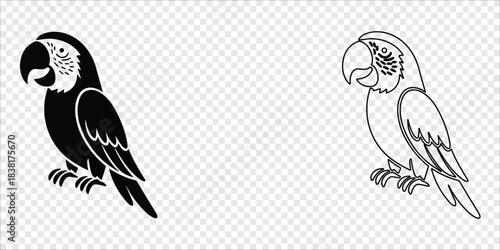 Macaw Parrot Silhouette and Outline Minimal Vector, vector illustration