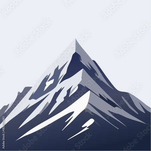 A stylized, minimalist illustration of a snow-capped mountain peak, rendered in shades of deep blue and white against a pale sky, evoking a sense of adventure and the great outdoors