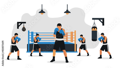 Boxing training illustration with boxers sparring in a gym setting