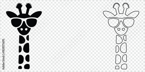 Giraffe Wearing Sunglasses Silhouette and Outline, vector illustration