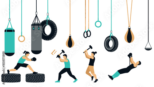 Fitness workout: boxing, hammer training, and crossfit activities for health and exercise design