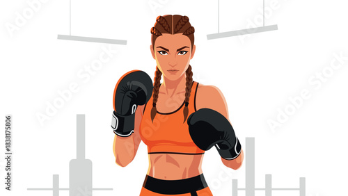 Boxing training illustration featuring female athlete in gym environment