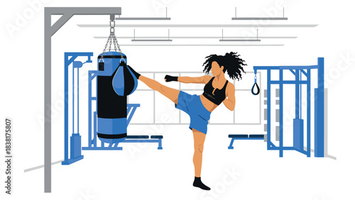 Woman practicing kickboxing in modern gym setting for fitness enthusiasts and health inspiration