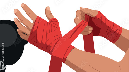 Boxer tying red hand wraps with black glove in training illustration for sports enthusiasts