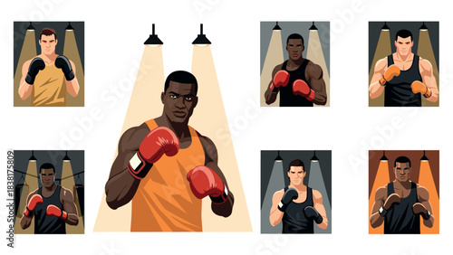 Boxing champions illustration with diverse fighters under spotlight design for posters and cards