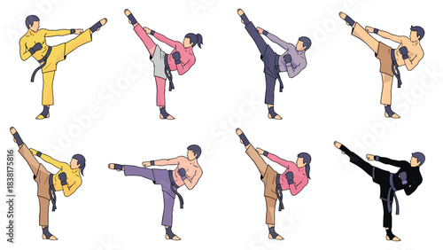 Diverse martial arts kicks: illustrations of male and female karate fighters in high kick poses for design, card, poster