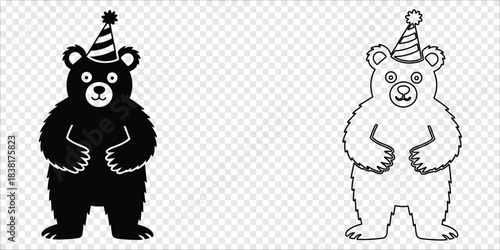 Bear Wearing Party Hat Silhouette and Line Art, vector illustration