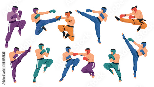 Dynamic martial arts action figures in colorful uniforms for sports and fitness design