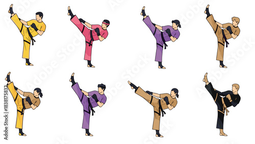 Martial artists executing high kick poses in colorful attire for sports training and fitness design