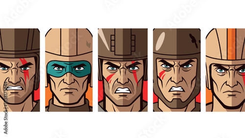 Warrior expressions set featuring bold comic style characters with helmets for graphic design
