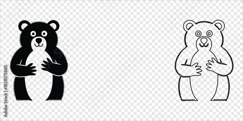 Friendly Bear with Arms Crossed Silhouette and Outline, vector illustration