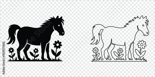 Horse in Garden Silhouette and Outline Pair, vector illustration
