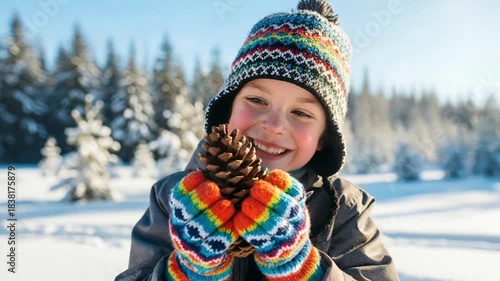 Child holding pinecone with gloves in snowy forest, winter adventure and outdoor play