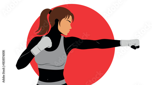 Woman boxing illustration with red background for fitness and motivation design