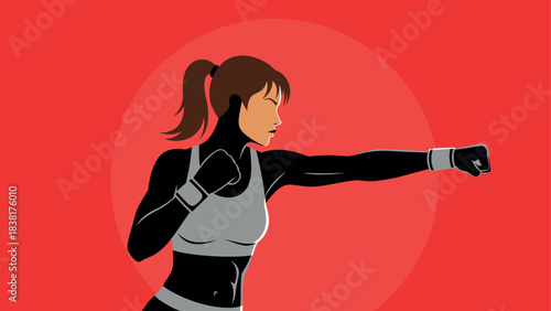 Female boxer in action with punching pose on bold colorful background for fitness promotion