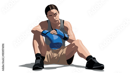 Female boxer resting with boxing gloves, perfect for sports and fitness design