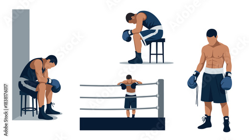 Boxer in deep reflection after training session - illustrations for fitness motivation and sports design