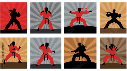 Martial arts silhouette collection with karate fighters in action poses for graphic design