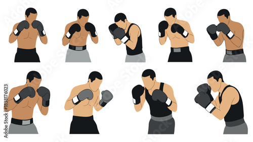 Diverse boxing poses collection for fitness training and sports illustration