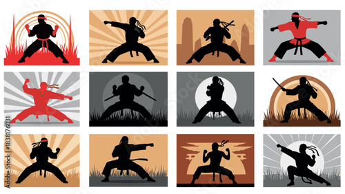 Martial arts silhouettes collection with karate and ninja poses for poster or graphic design