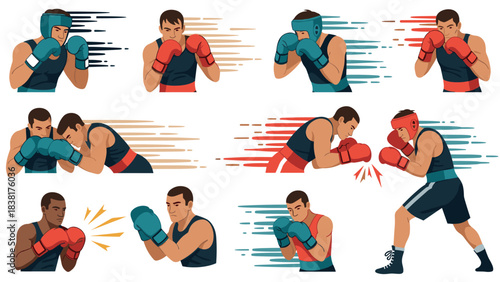 Dynamic boxing training illustration with fighters in various poses