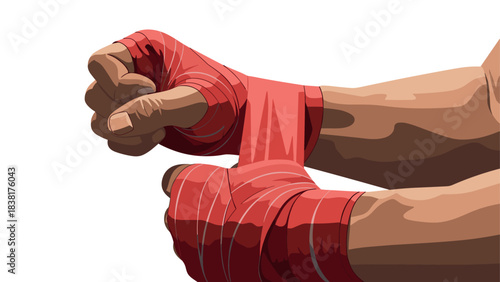 Fighter wrapping hands with red boxing bandages for training or competition preparation