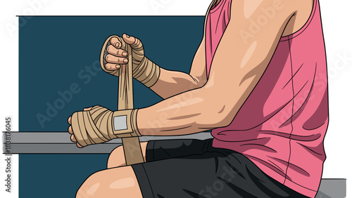 Athlete wrapping hands in bandages for gym workout training preparation in pink tank top
