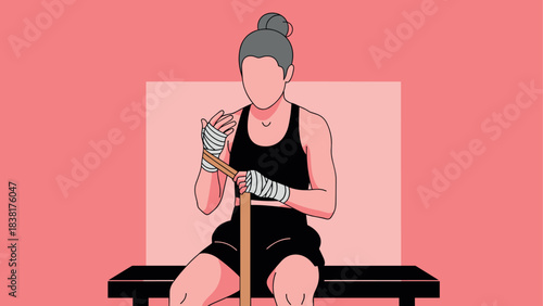 Female boxer resting on bench with hand wraps and training stick for fitness and strength concept art