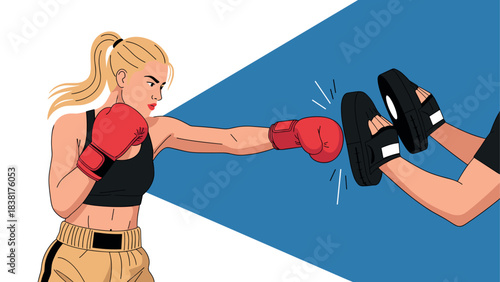 Woman practicing boxing with trainer for fitness and self defense
