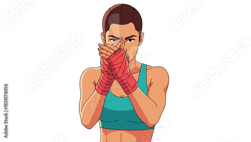 Fierce female boxer preparing for battle in red hand wraps