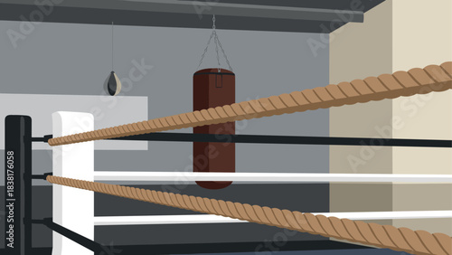 Boxing gym interior with punching bag and ropes for sports training design