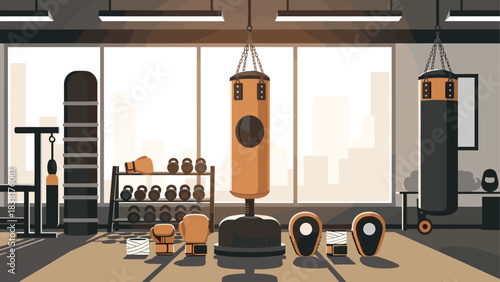 Modern boxing gym interior with equipment for fitness and training workouts