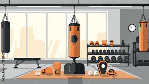 Modern gym interior with boxing equipment and punching bag for fitness and training design