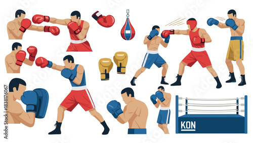 Boxing training illustrations with fighters, gloves, and ring elements for sports design