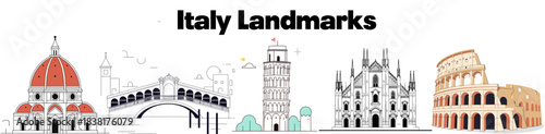 Flat Vector Italy Landmarks Set, Colosseum, Pisa Tower, Milan Cathedral, Florence Duomo, Venice Rialto Bridge, Minimal Illustration on White Background