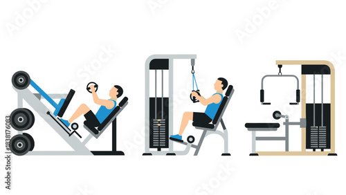 Fitness equipment illustration: weight training and exercise machines for gym design and workout inspiration
