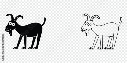 Two Cartoon Goats Silhouette and Outline Pair, vector illustration