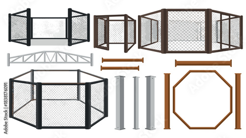 Mixed martial arts cage set elements for design and illustration