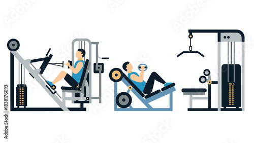 Gym equipment illustration featuring seated row machine and leg press for fitness and exercise design