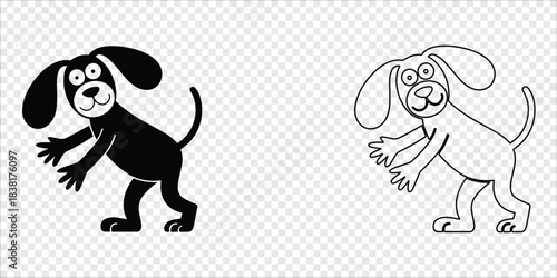 Playful Dog Jumping Silhouette and Outline Pair, vector illustration