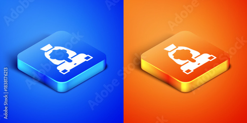 Isometric Cleaning lady service icon isolated on blue and orange background. Square button. Vector