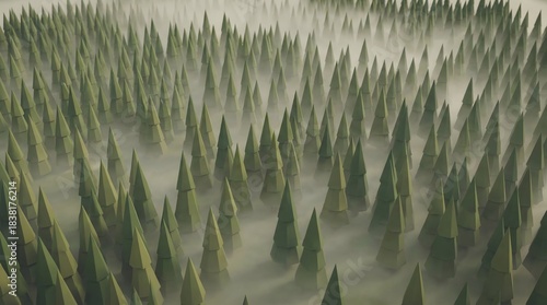 Fototapeta Naklejka Na Ścianę i Meble -  Isometric view of a dense pine forest with stylized low poly trees suitable for game design and environmental graphics high quality 3d landscape background pattern