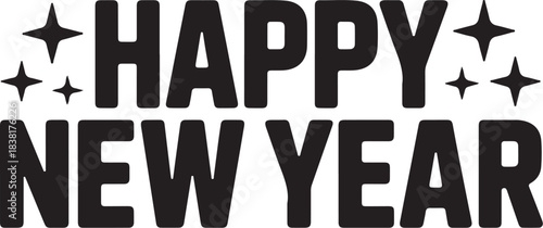 Black Happy New Year text with starbursts lettering