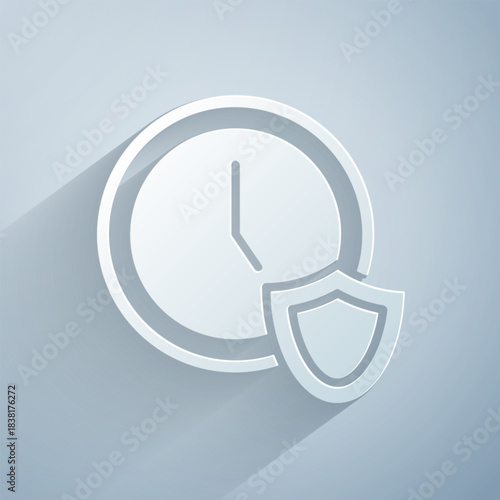 Paper cut Clock with shield icon isolated on grey background. Security, safety, protection, privacy concept. Paper art style. Vector