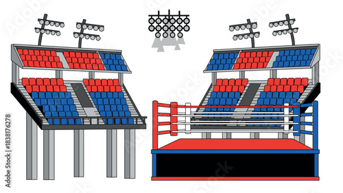 Boxing arena with red and blue seating and spotlights for event poster or print design