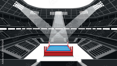 Boxing ring in large arena with dramatic lighting for sports event promotion and design