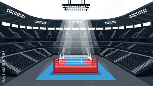 Boxing ring in modern arena with spotlight highlighting the center stage for sports events and competitions