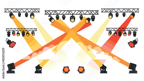 Concert stage lighting design elements with spotlight beams and colorful effects for events and performances